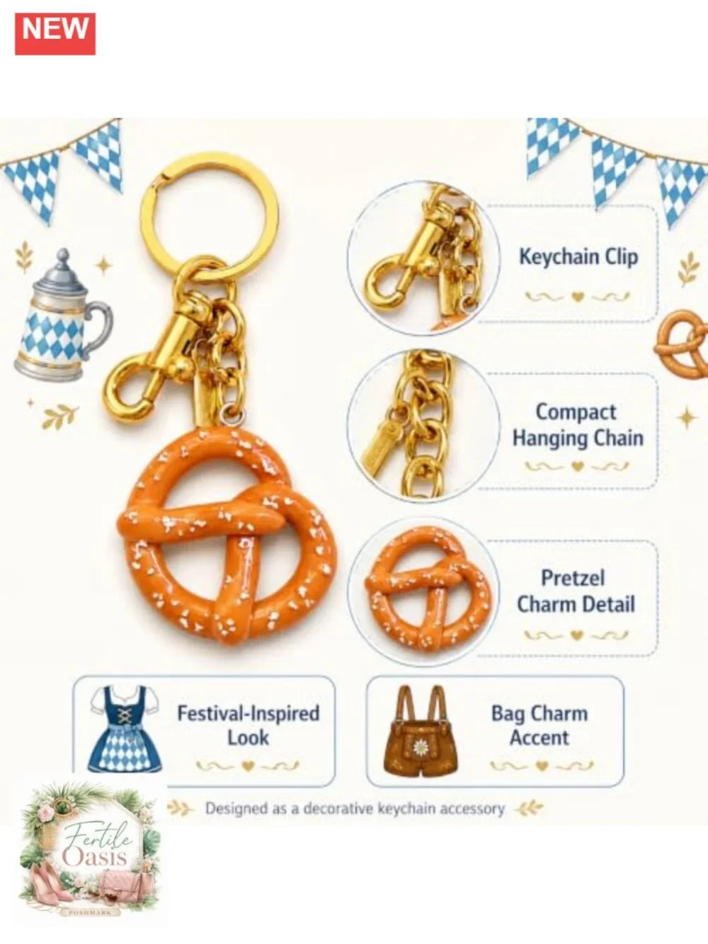 Pretzel Gold Keychain Bag Charm Oktoberfest Purse Ornament